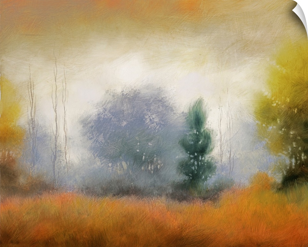 Dreamy painting of a misty forest in the fall.