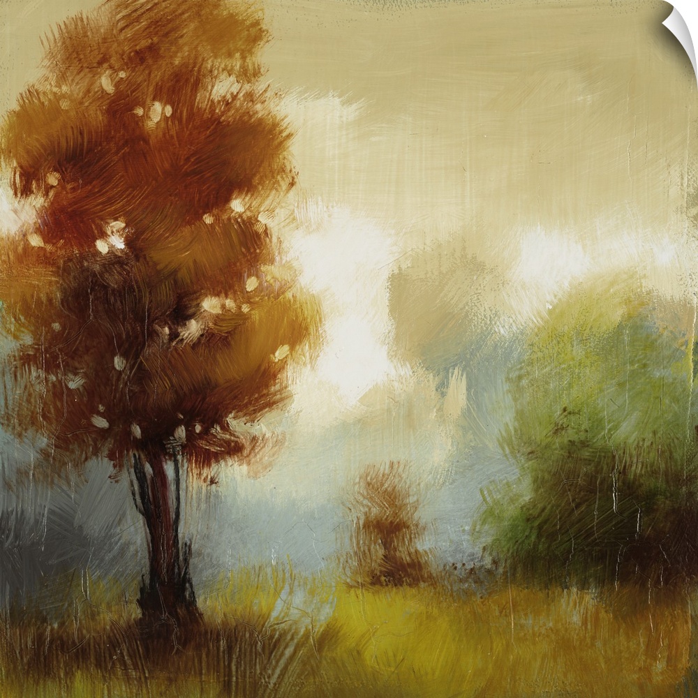 Contemporary painting of several trees in fall colors in a foggy field.