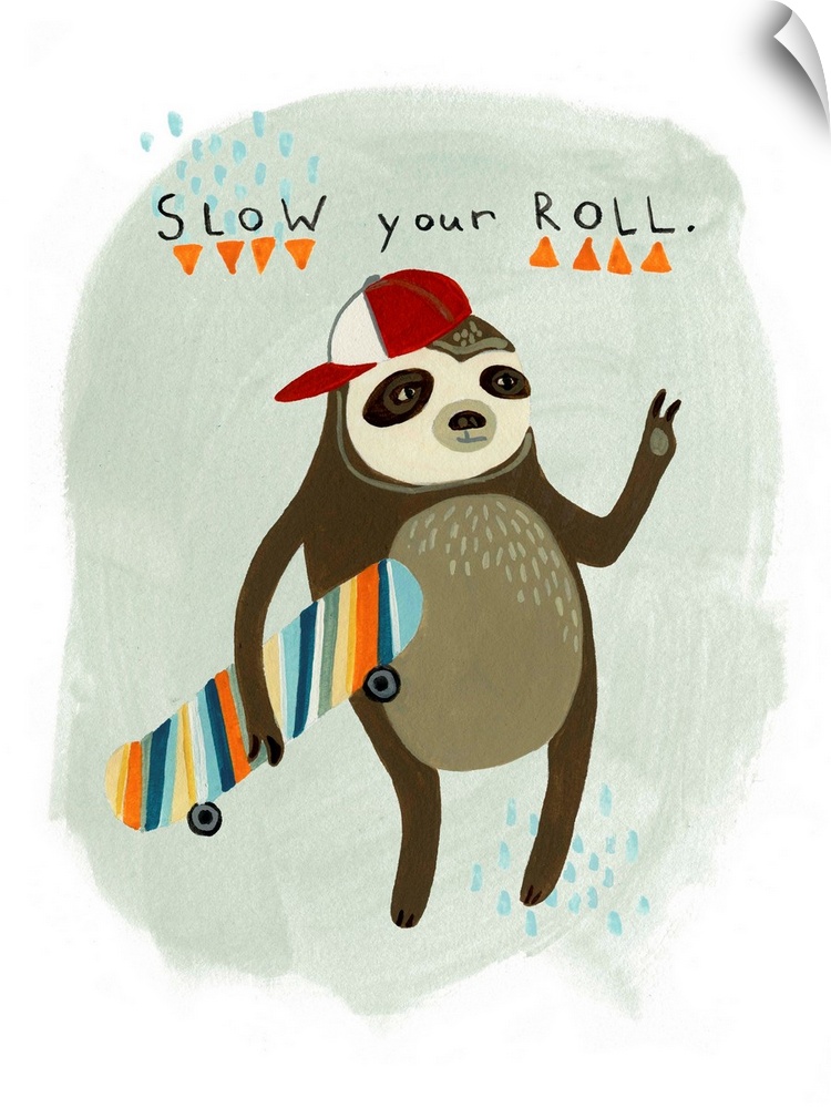 Fun children's artwork of a hipster sloth with a skateboard and backwards cap.
