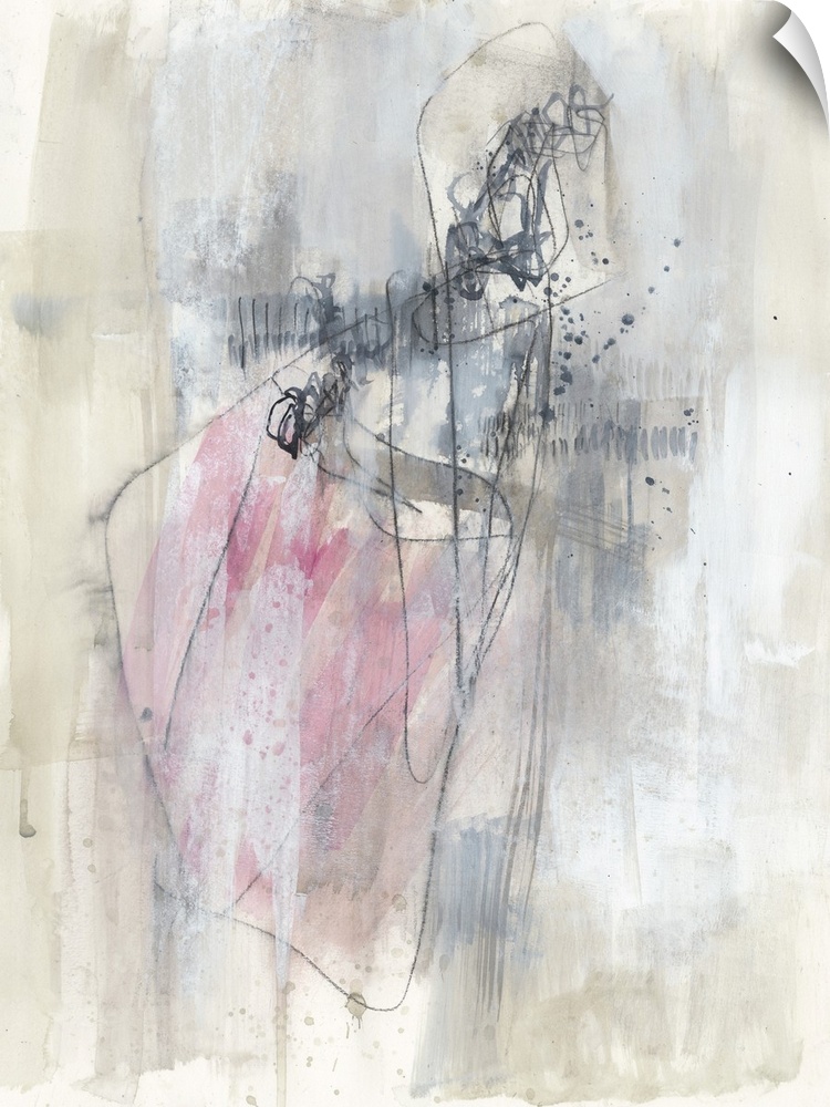 Contemporary abstract painting in neutral tones with hints of pink.