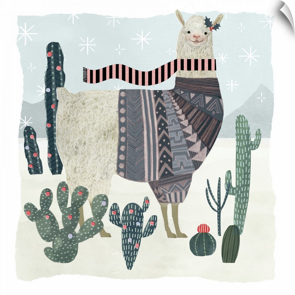 An amusing llama wearing a patterned sweater walks through a desert with cacti in this decorative artwork.