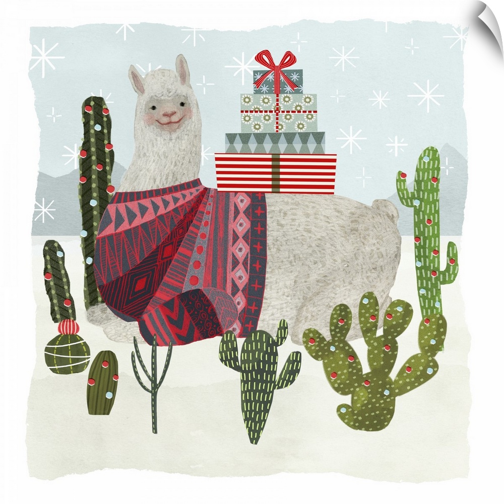 An amusing llama wearing a patterned sweater sits in a desert with cacti in this decorative artwork.