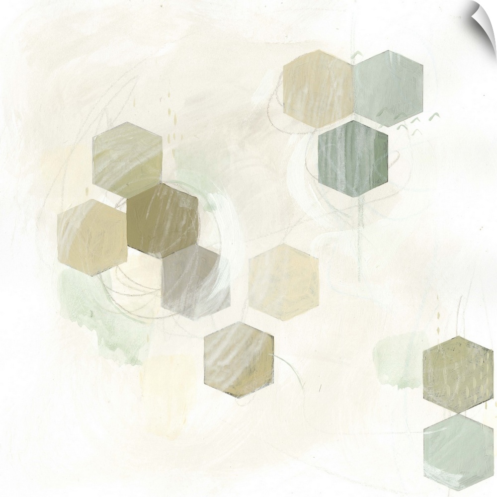 Pale earth tone colored artwork of hexagonal shapes.