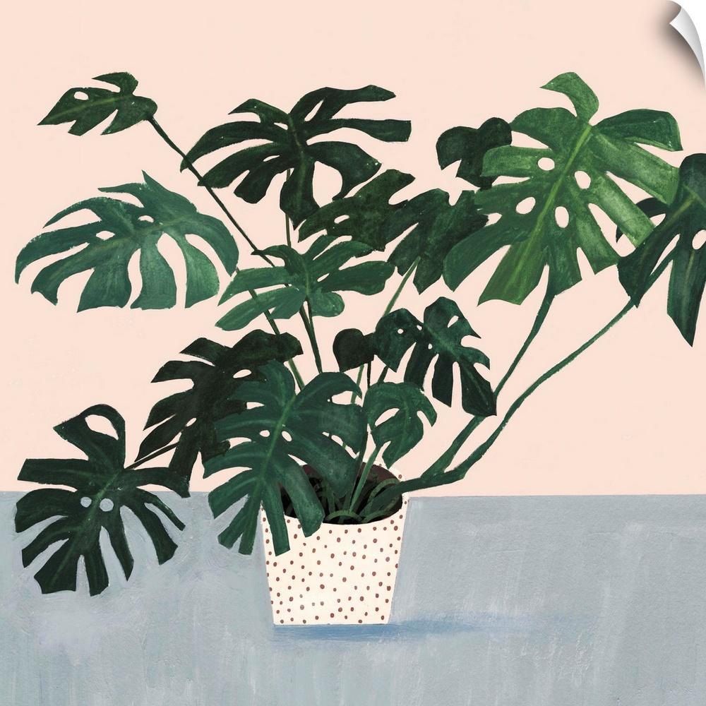 Modern painting of a leafy houseplant in a cream colored pot with spots on a muted blue and cream backdrop.