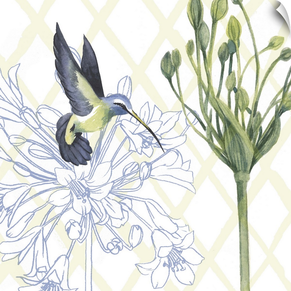 Floral painting with a hummingbird and a white patterned background.