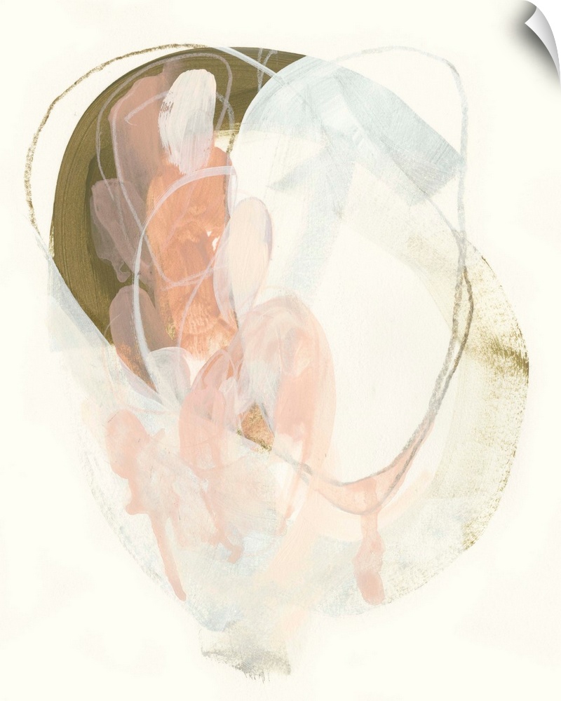 Vertical abstract painting of pastel colors with gold accents in circular shapes.