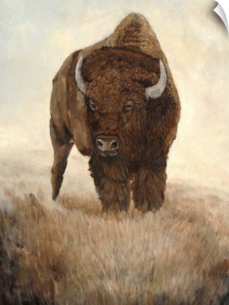 Contemporary painting of a majestic American bison standing in a prairie.