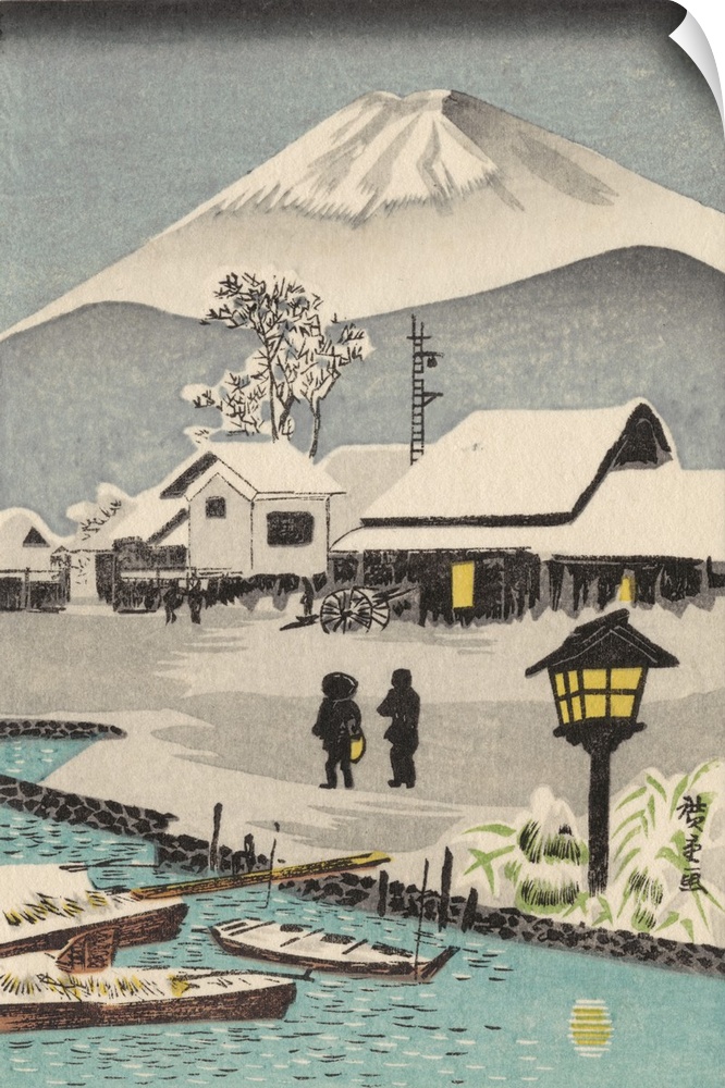 Eastern art of snowy village scene with Mount Fuji in the background.