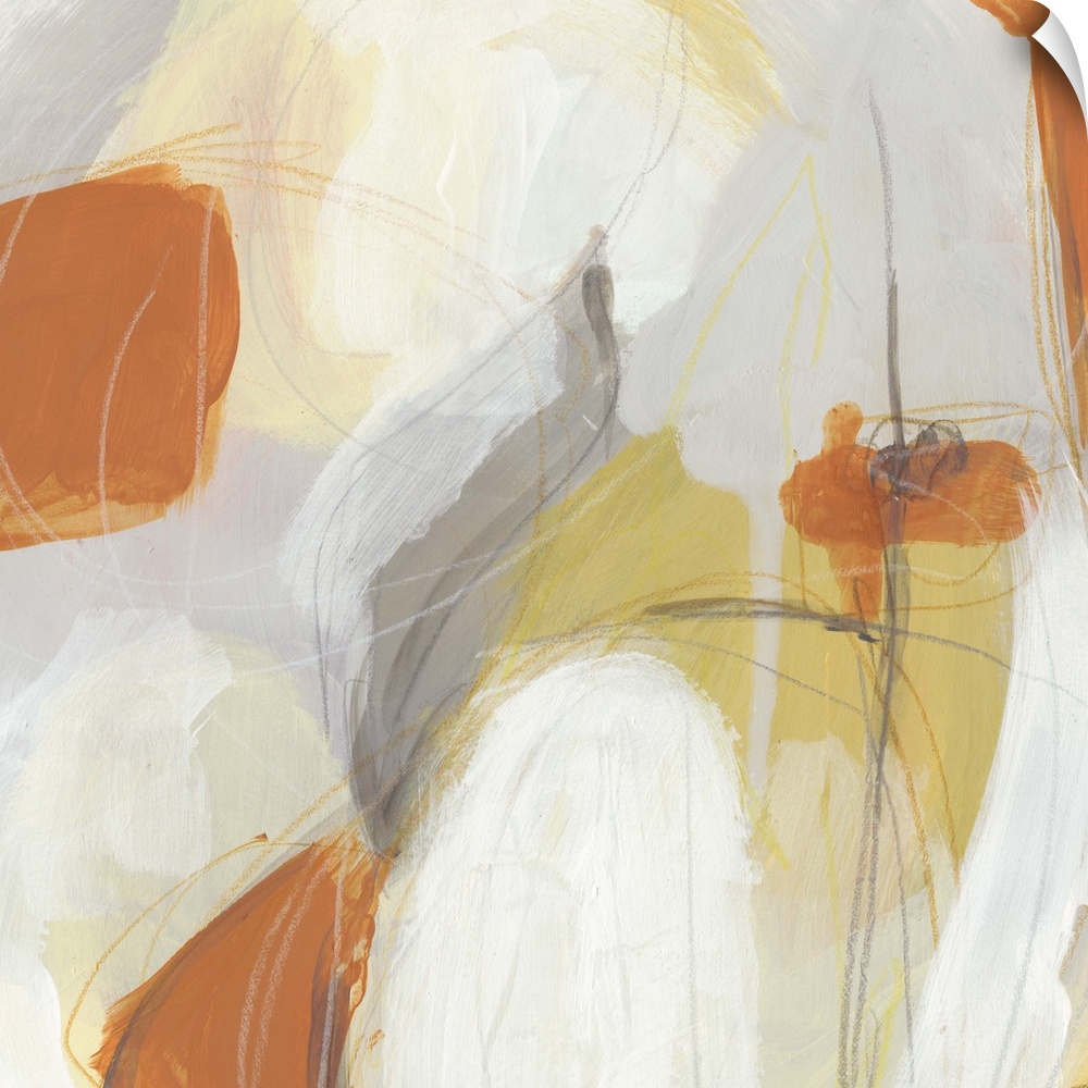 Abstract artwork in large oval shapes in orange, yellow and white.