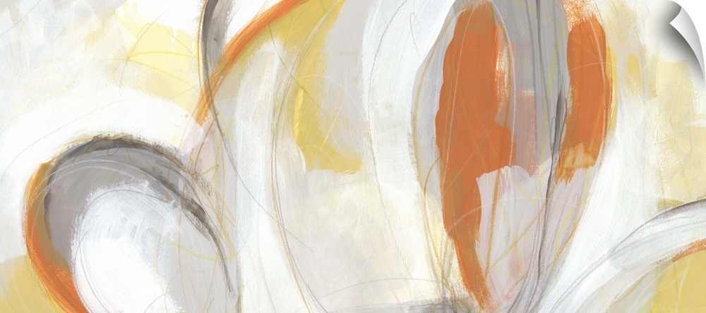 Abstract artwork in large oval shapes in orange, yellow and white.