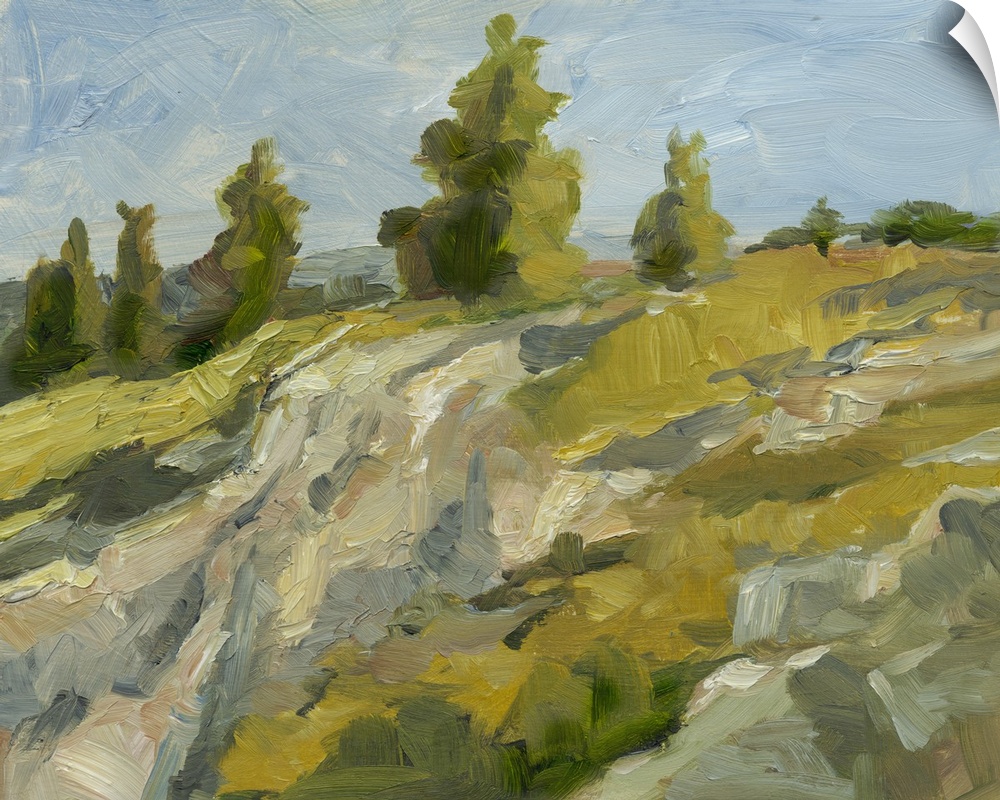 Contemporary painting of boulders on hillside under a blue sky.