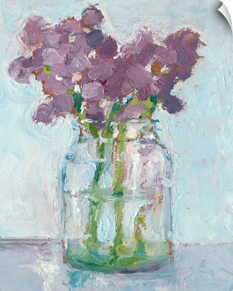 Impressionist style art print of purple flowers in a glass vase.
