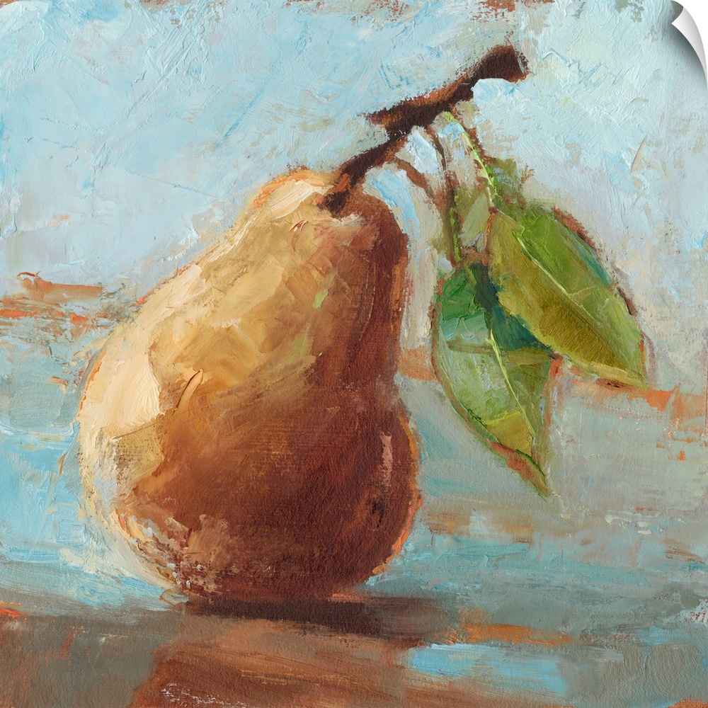 Contemporary painting of a yellow pear in an impressionist style.
