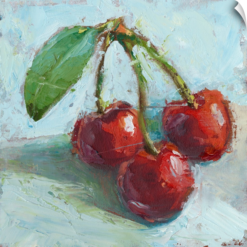 Contemporary painting of red cherries in an impressionist style.
