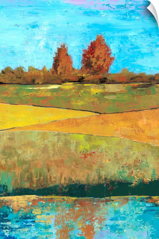 Contemporary painting of a countryside landscape with green fields.