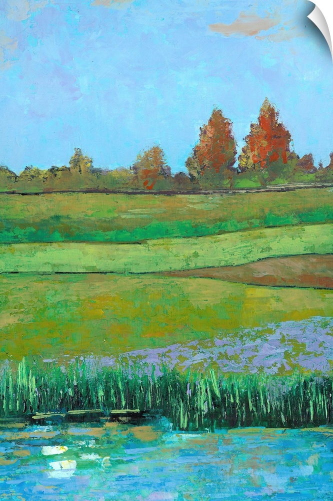 Contemporary painting of a countryside landscape with green fields.