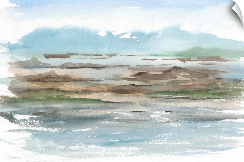 Semi-abstract watercolor painting of a mountain landscape with a lake.