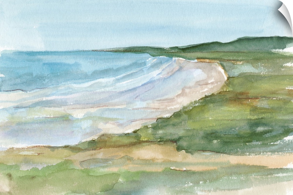 Semi-abstract watercolor painting of a coastal landscape.