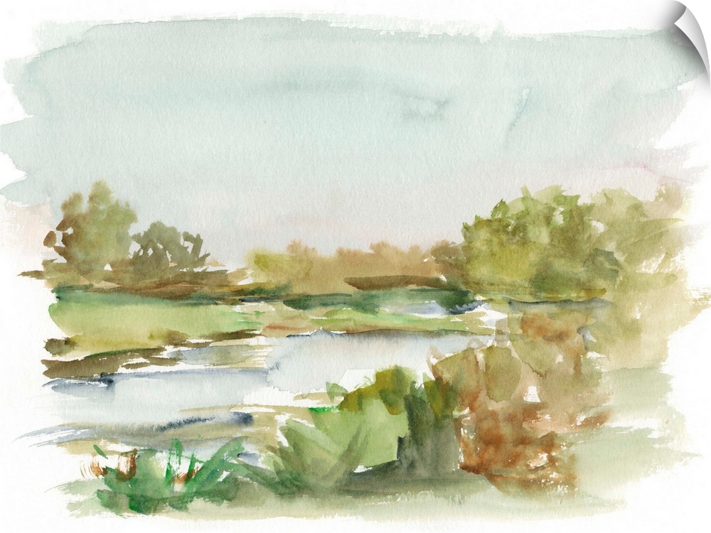 Semi-abstract watercolor painting of a stream running through a green field.