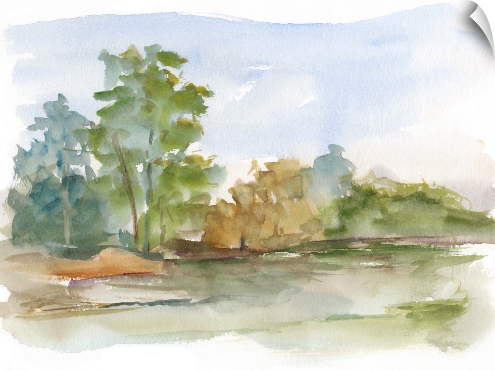 Semi-abstract watercolor painting of a stream running through a green field.