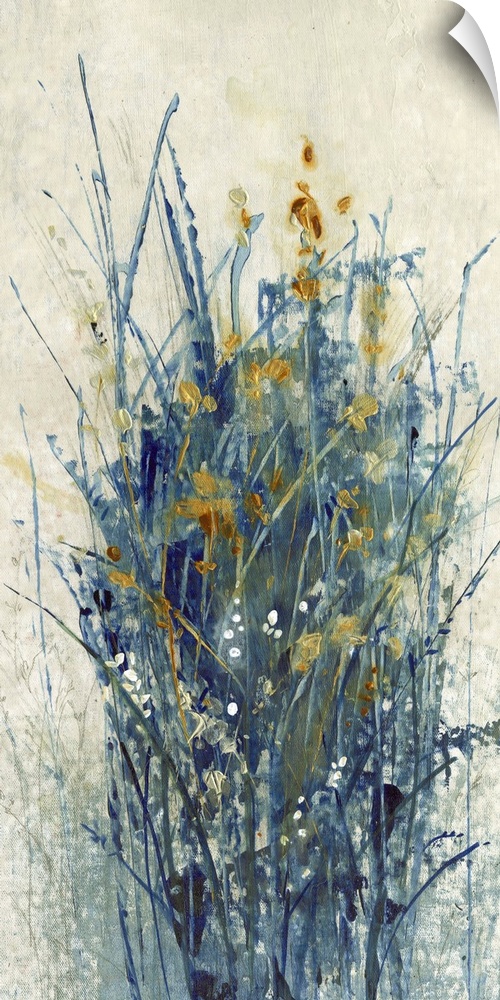 Contemporary abstract artwork using dark cool tones in wispy line strokes creating what looks like grass and flowers.