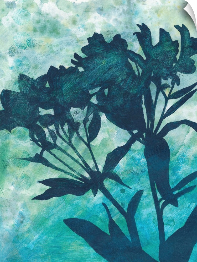 A contemporary painting of a silhouetted grouping of flowers against a light blue abstract background.
