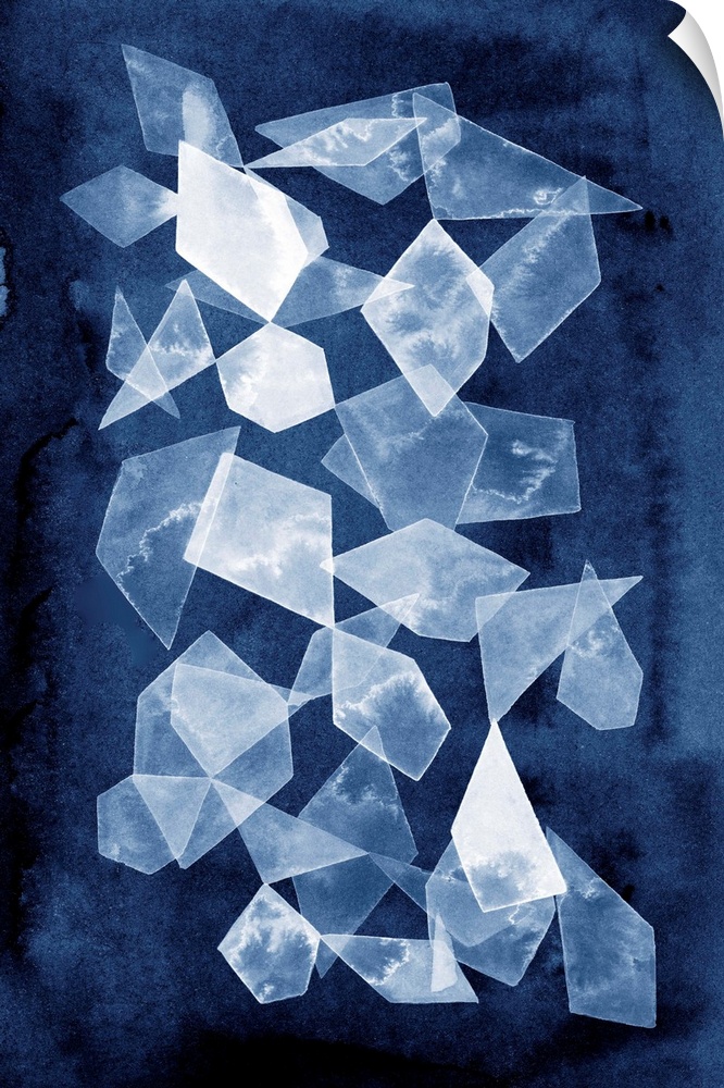 This contemporary artwork features white geometric shapes that resemble falling shards of glass over a dark blue background.