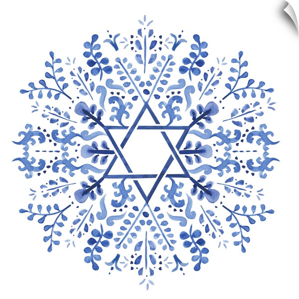 Indigo floral design around a centered interpretation of the Star of David.