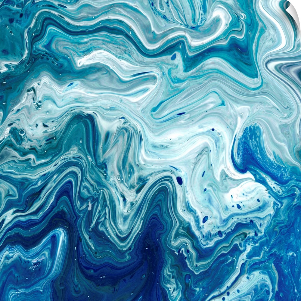 Square abstract decor with marbling colors of blue and white.