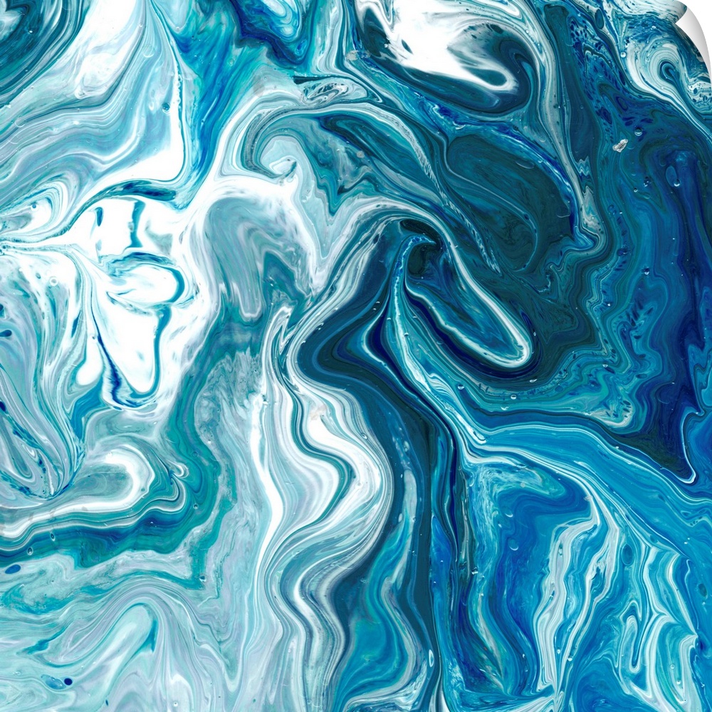 Square abstract decor with marbling colors of blue and white.