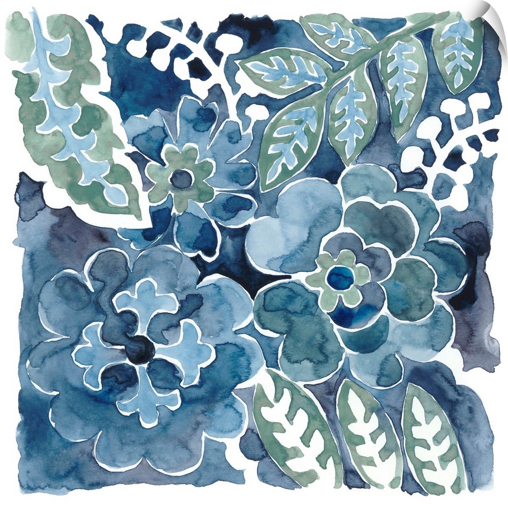 Watercolor floral motif in shades of indigo.