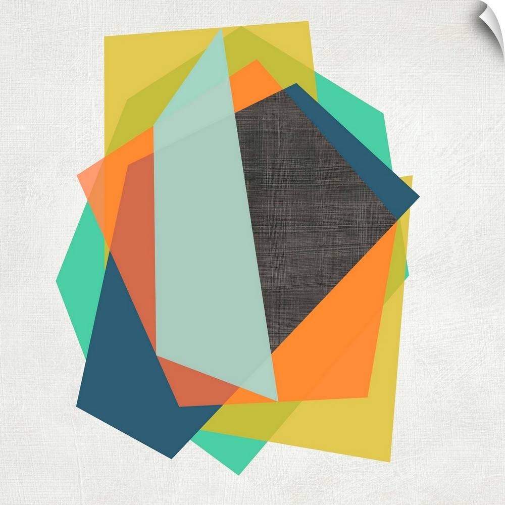 Vibrant polygonal shapes layer on top of each other over a white linen background with a dark gray crosshatch texture peek...