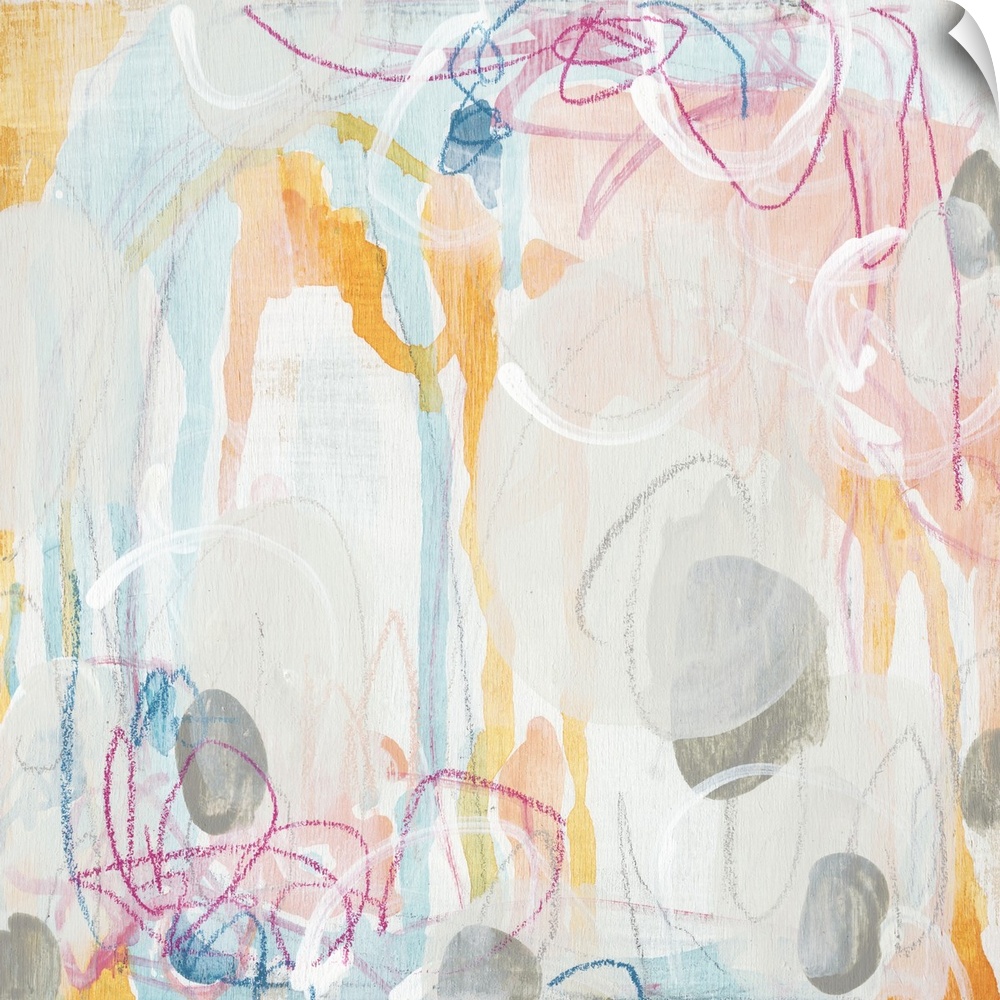Square abstract painting in light pastel colors with drips of the overlapping paint and colored scribbles.