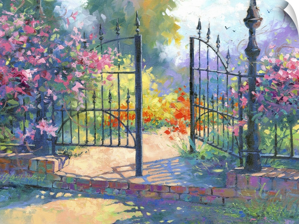 Contemporary vibrant garden scene with open gate.