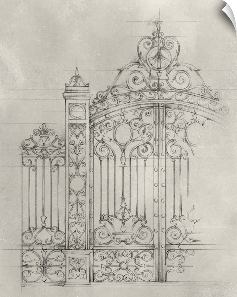 This simple mechanical drawing displays the ornate details of a gate over a mottled light background.