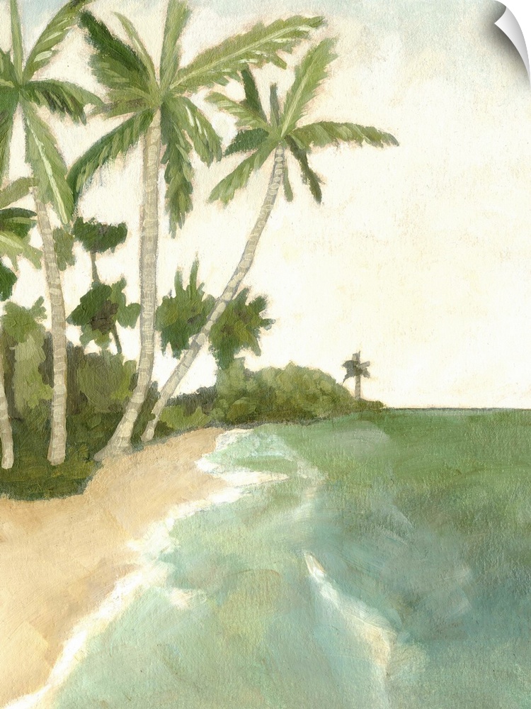 Contemporary artwork of a tropical beach with palm trees hanging over a tranquil coastline.