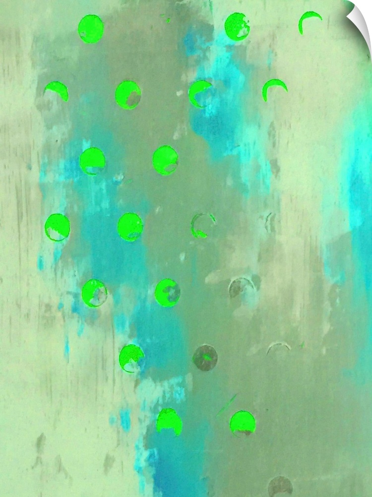 A vertical abstract painting of shades of blue and green with neon green circles overlapping.