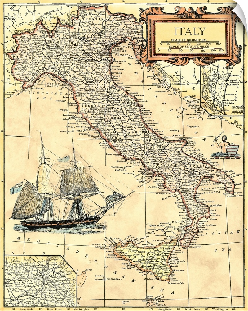 This vertical wall art is an antique political map of Italy with cities and regions labeled in Italian.