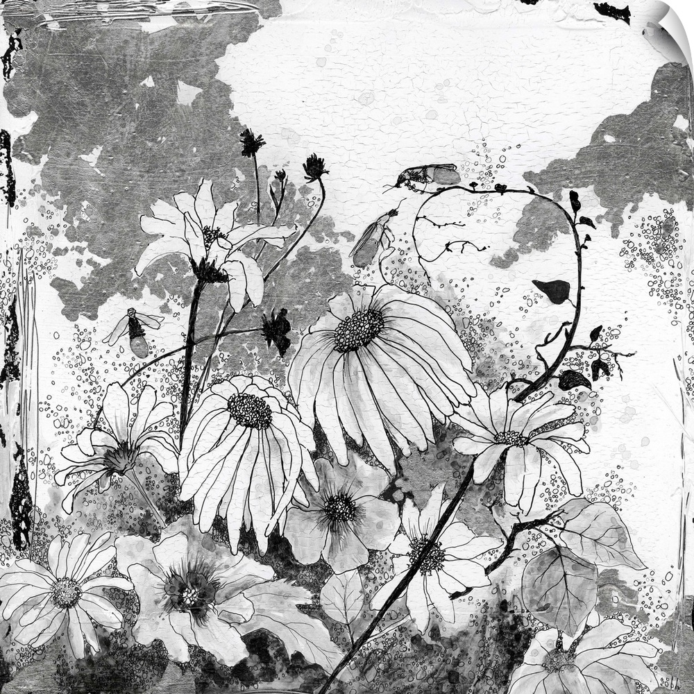 Contemporary floral artwork with a worn and distressed style.