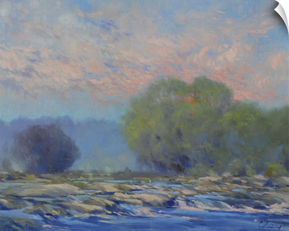 A painting of a river scene with trees along the shore.