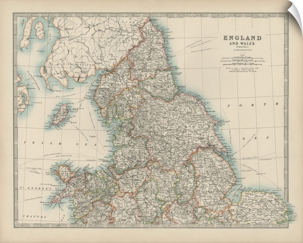 Vintage map of the countries of England and Wales.