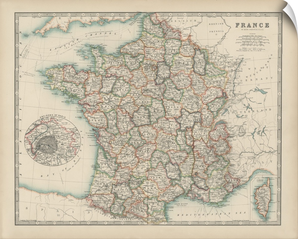 Vintage map of the country of France.