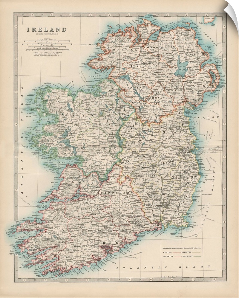 Vintage map of the country of Ireland.