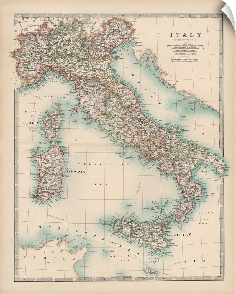 Vintage map of the country of Italy.