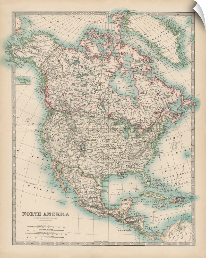 Vintage map of the continent of North America.