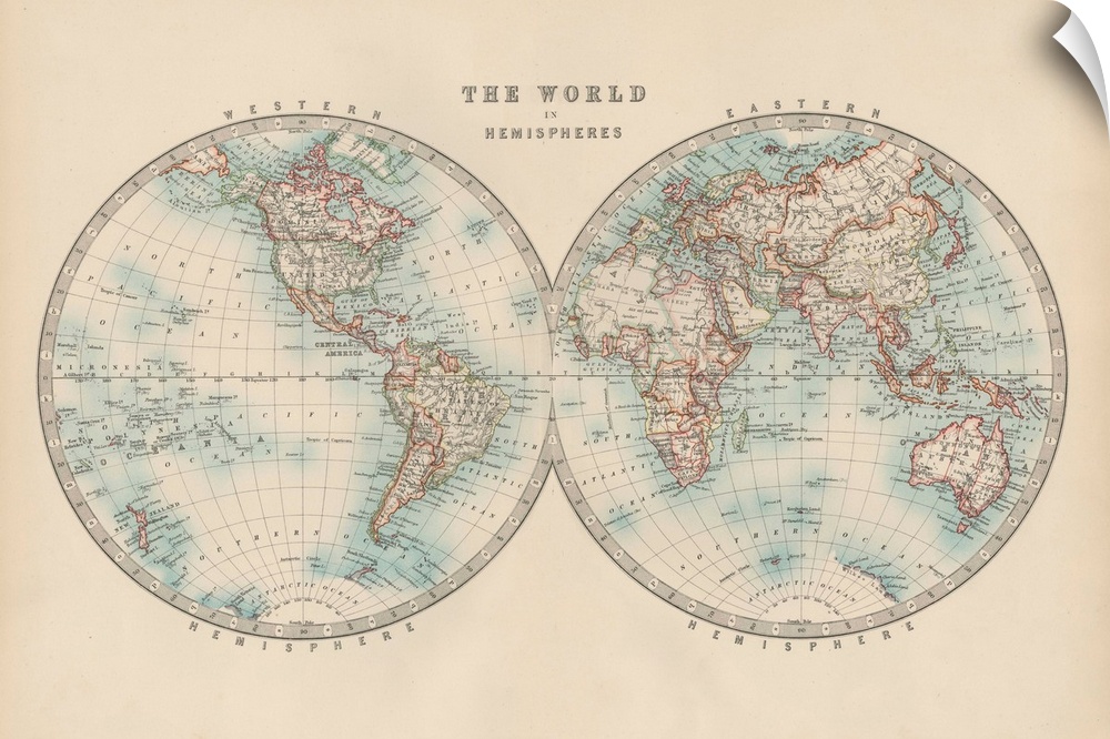 Vintage map of the world divided in to eastern and western hemispheres.