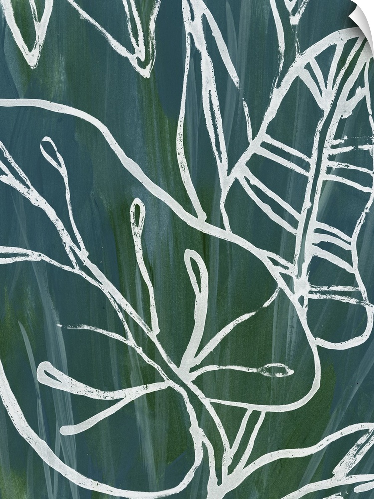 Vertical contemporary artwork featuring tropical leaves in a white outline over a blue and green streaked background.