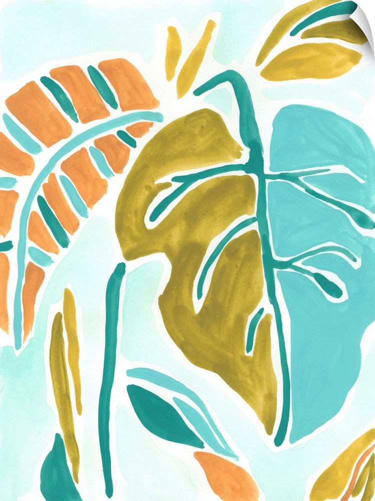 Lively tropical leaves in orange, gold and blue are arranged on a light blue background.