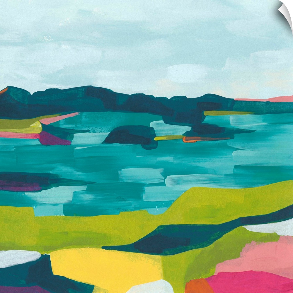 Contemporary abstract landscape in vibrant hues.