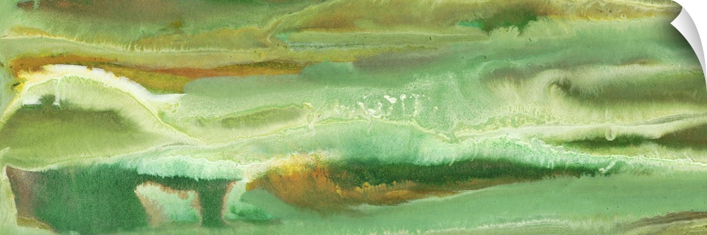 Contemporary abstract painting in layered shades of green.